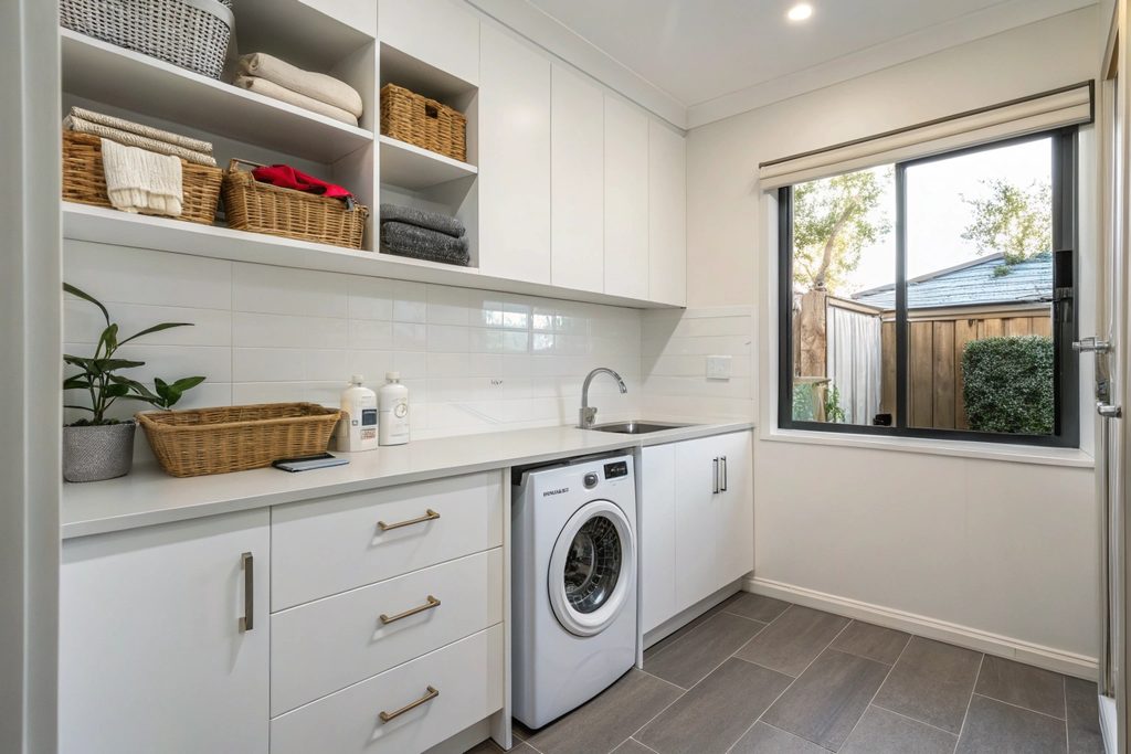 Budget laundry renovation Hobart with flat-pack cabinetry and laminate benchtop