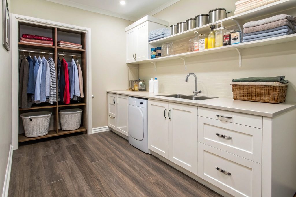 Affordable laundry finishes including vinyl flooring and painted splashback
