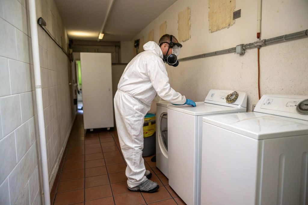 Licensed contractor inspecting laundry wall for asbestos in Hobart home