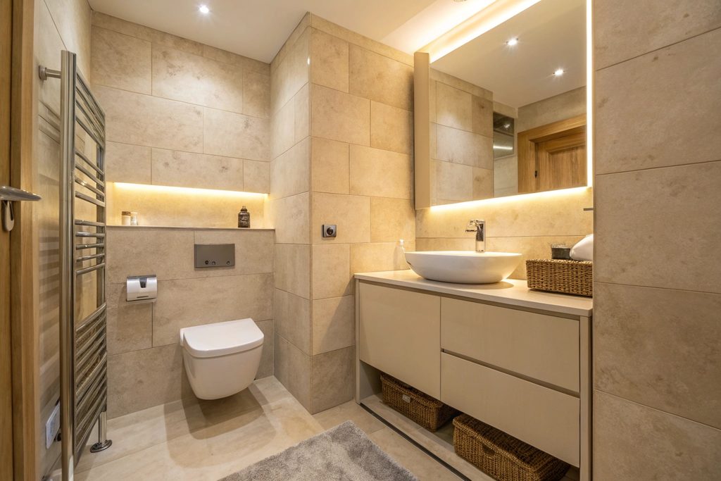 Large format tiles used floor to wall to make a small ensuite feel bigger