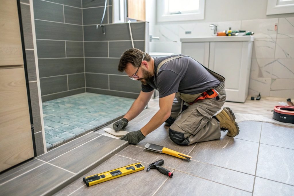 Tradesperson installing tiles during an ensuite renovation in Hobart