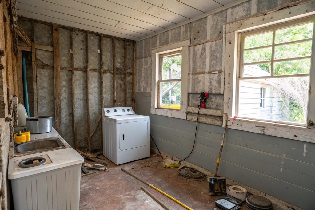 Old Hobart laundry mid-renovation with exposed cement sheeting