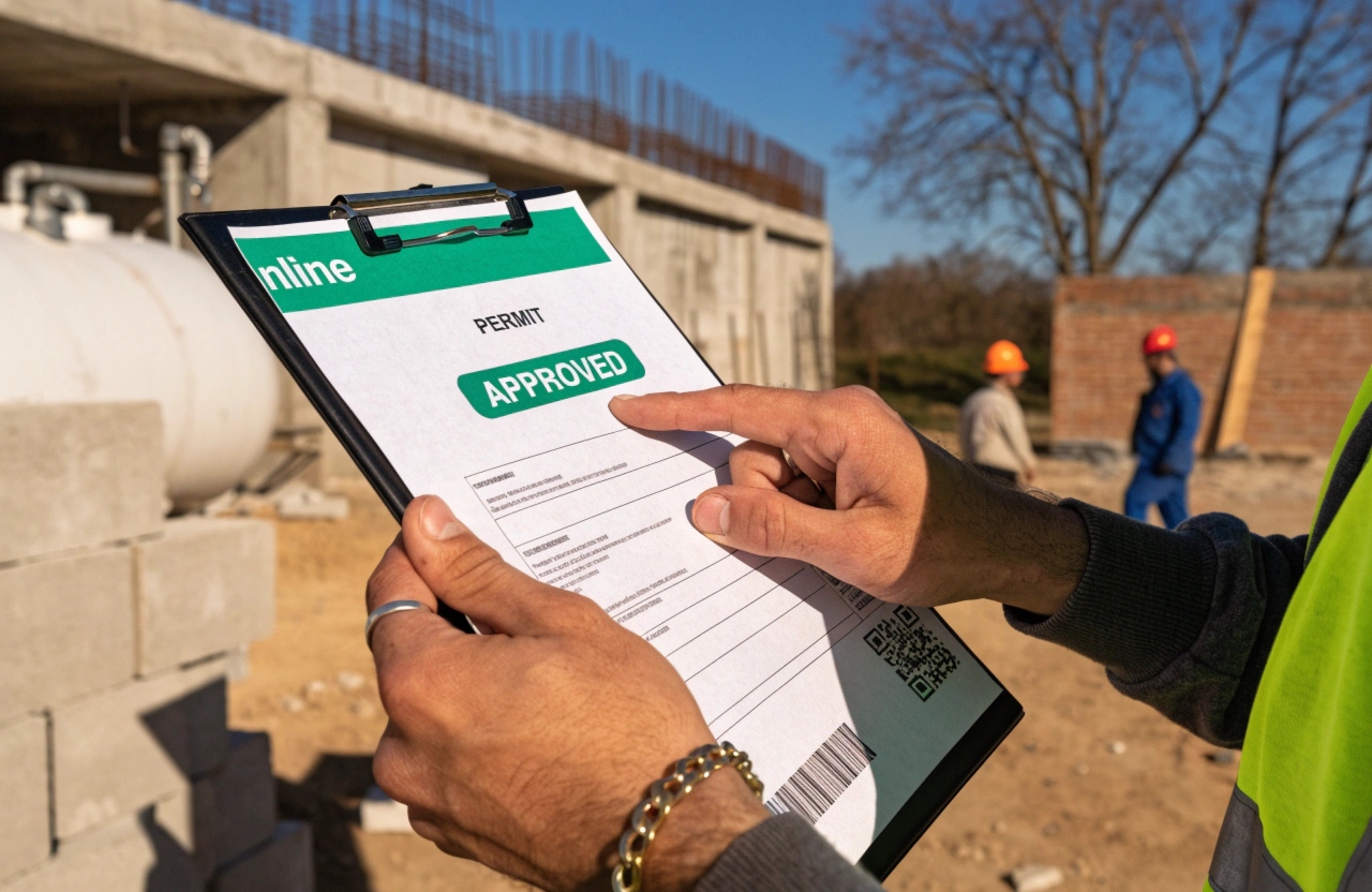 Approved building permit document on a clipboard at a Hobart renovation site