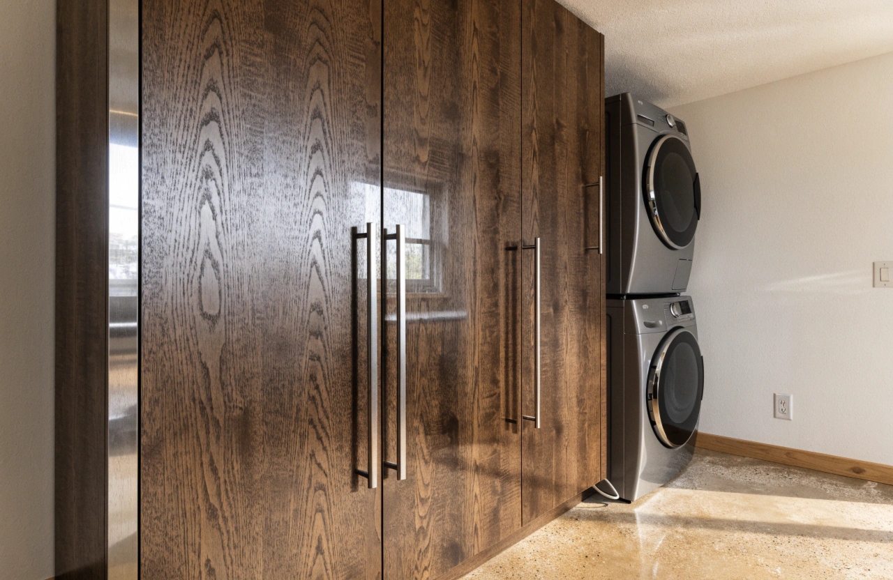 Floor-to-ceiling cabinets and pull-out storage maximising space in a small laundry