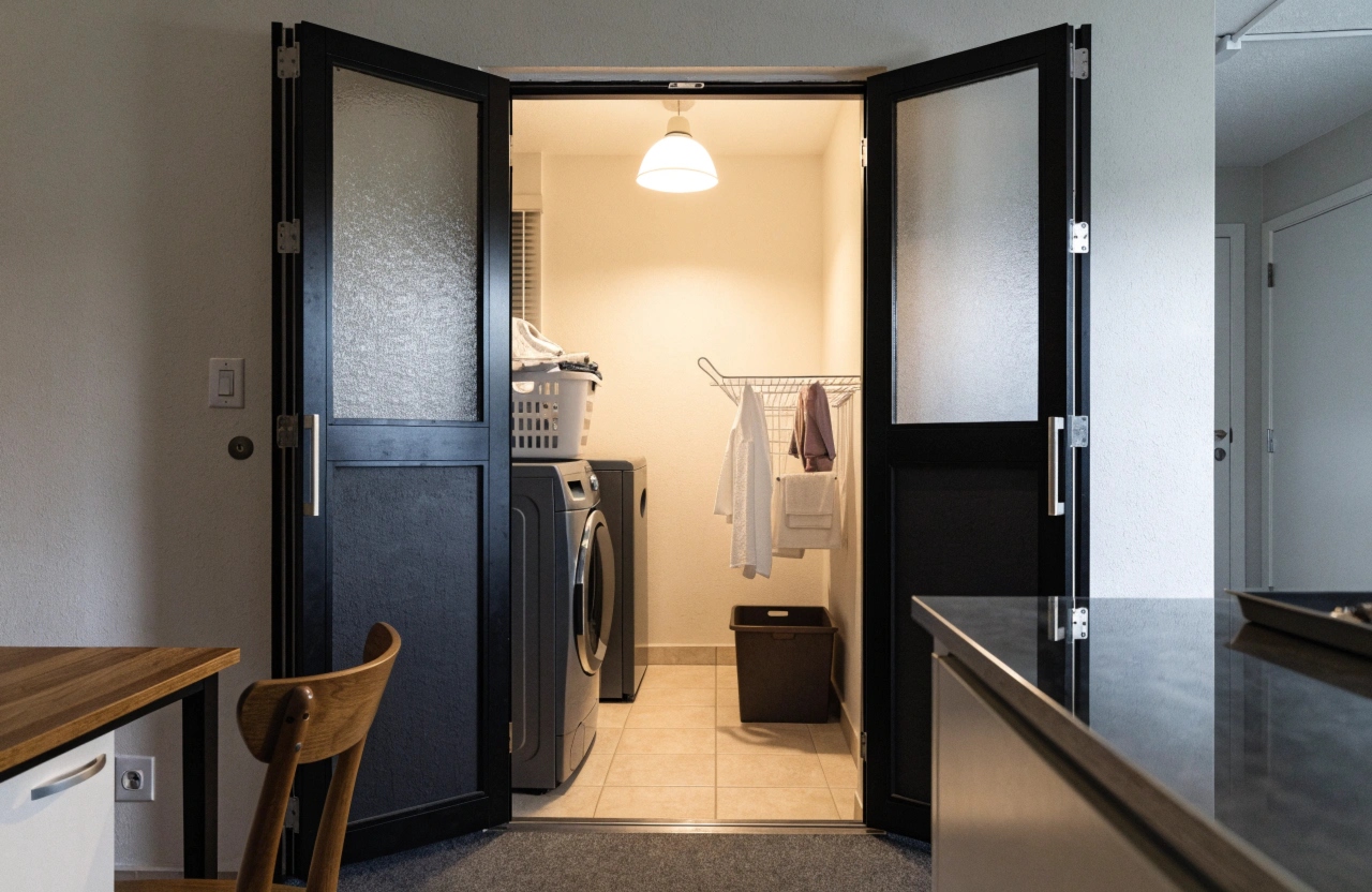 Hidden laundry concealed behind bi-fold doors in a small Hobart apartment
