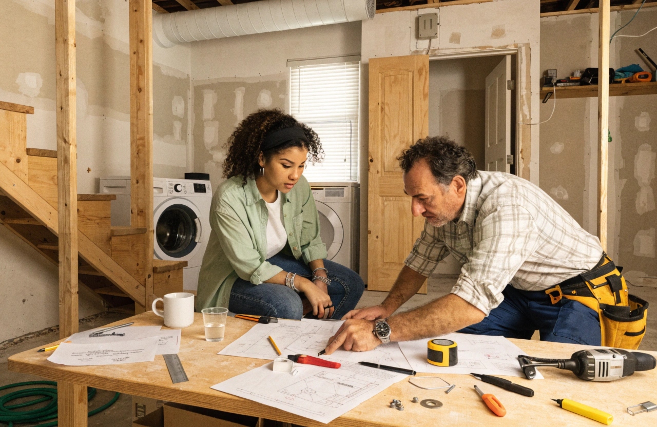 Homeowner and tradesperson reviewing building permit paperwork in a partially renovated Hobart laundry