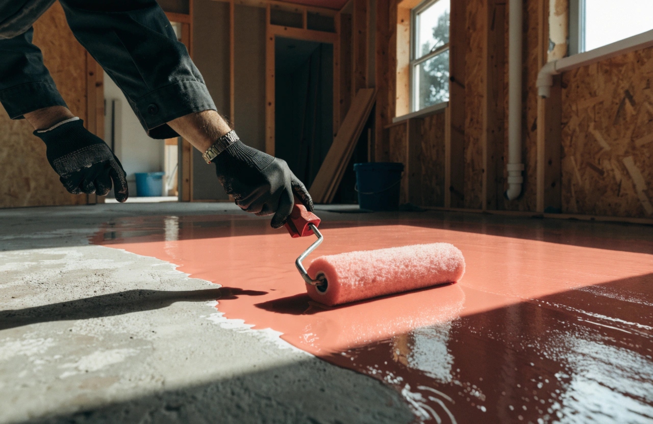 Tradesperson applying waterproofing membrane to a laundry floor before tiling in a Hobart home