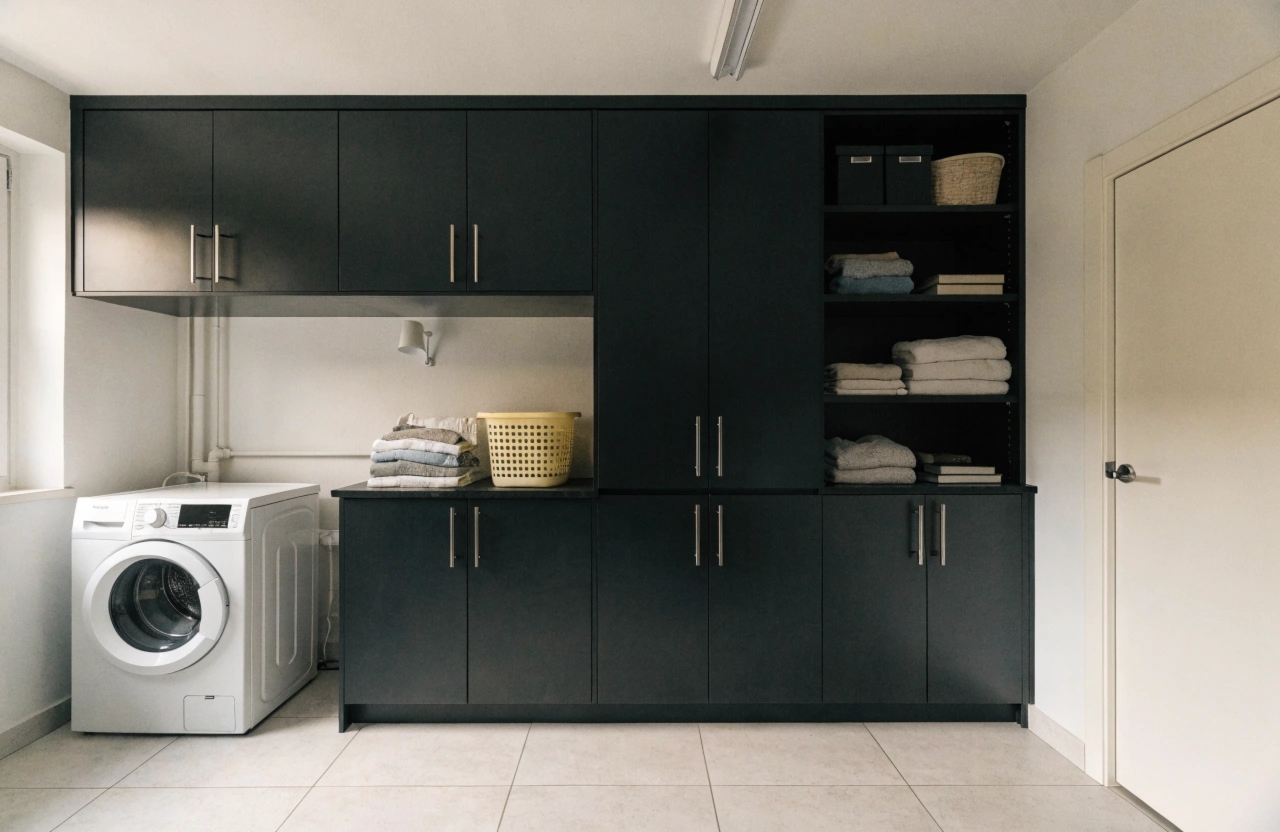 Small Hobart laundry using floor-to-ceiling cabinets and vertical storage to maximise a tight space