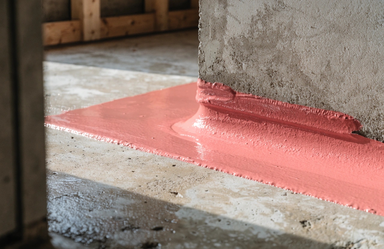 Close-up of waterproofing membrane correctly applied across a laundry floor-to-wall junction